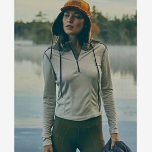 Free People FP Movement Take A Leap Half Zip Hooded Layer Jacket in Ivory Brown